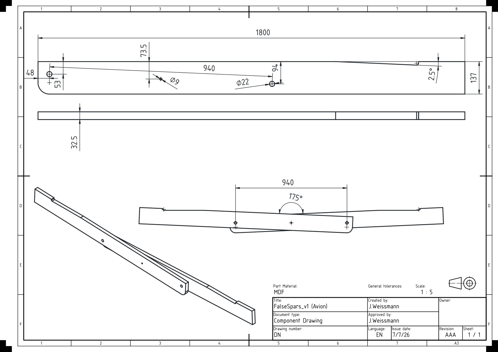 Drawing of the false spars. The two halves are aligned with 22 mm pins and set to a total included angle of 175 degrees.